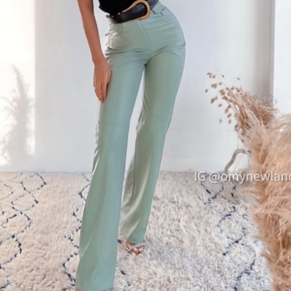 FAUX LEATHER STRAIGHT LEG PANTS SEA GREEN